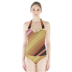 Diagonal Color Fractal Stripes In 3d Glass Frame Halter Swimsuit by Simbadda