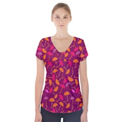 Umbrella Seamless Pattern Pink Lila Short Sleeve Front Detail Top by Simbadda