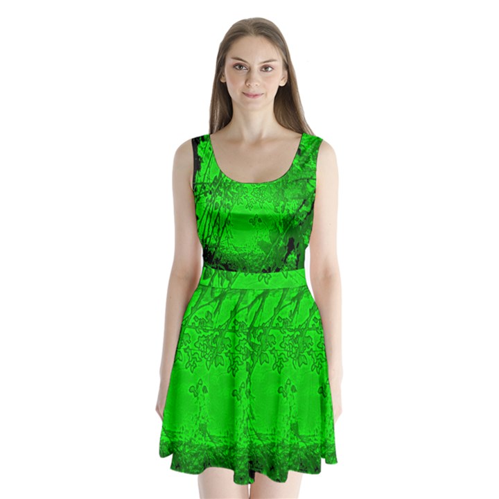 Leaf Outline Abstract Split Back Mini Dress 