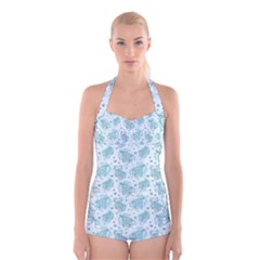 Decorative Floral Paisley Pattern Boyleg Halter Swimsuit 