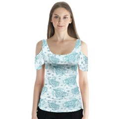 Decorative Floral Paisley Pattern Butterfly Sleeve Cutout Tee 