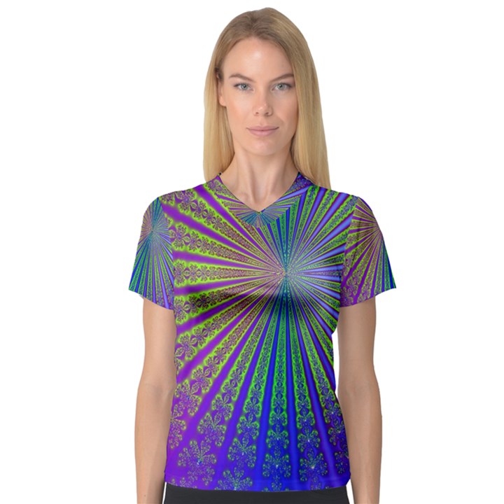 Blue Fractal That Looks Like A Starburst Women s V-Neck Sport Mesh Tee