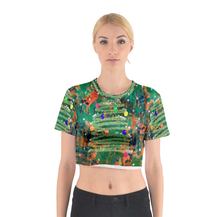 Watercolour Christmas Tree Painting Cotton Crop Top