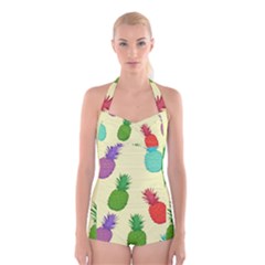 Colorful Pineapples Wallpaper Background Boyleg Halter Swimsuit  by Simbadda