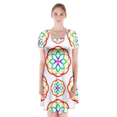 Geometric Circles Seamless Rainbow Colors Geometric Circles Seamless Pattern On White Background Short Sleeve V-neck Flare Dress by Simbadda