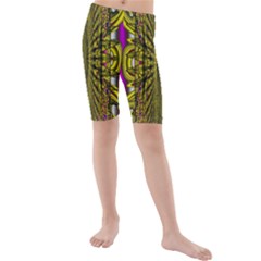 Fractal In Purple And Gold Kids  Mid Length Swim Shorts