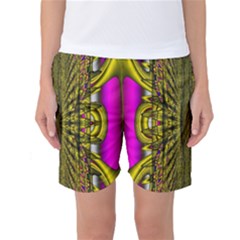 Fractal In Purple And Gold Women s Basketball Shorts