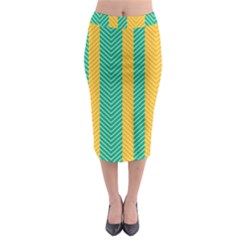 Green And Orange Herringbone Wallpaper Pattern Background Midi Pencil Skirt by Simbadda