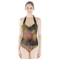 Abstract Brush Strokes In A Floral Pattern  Halter Swimsuit