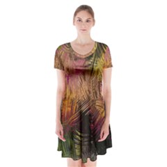 Abstract Brush Strokes In A Floral Pattern  Short Sleeve V-neck Flare Dress