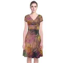 Abstract Brush Strokes In A Floral Pattern  Short Sleeve Front Wrap Dress