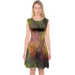 Abstract Brush Strokes In A Floral Pattern  Capsleeve Midi Dress