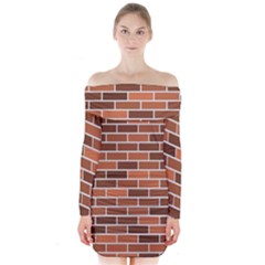 Brick Brown Line Texture Long Sleeve Off Shoulder Dress