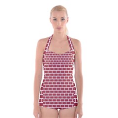 Brick Line Red White Boyleg Halter Swimsuit  by Mariart