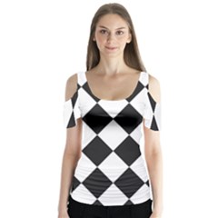 Broken Chevron Wave Black White Butterfly Sleeve Cutout Tee 