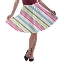 Diagonal Stripes Color Rainbow Pink Green Red Blue A-line Skater Skirt by Mariart