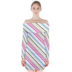 Diagonal Stripes Color Rainbow Pink Green Red Blue Long Sleeve Off Shoulder Dress by Mariart