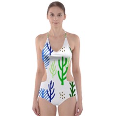 Forest Green Drop Blue Brown Polka Circle Cut-out One Piece Swimsuit