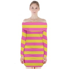 Horizontal Pink Yellow Line Long Sleeve Off Shoulder Dress