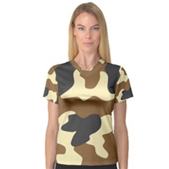 Initial Camouflage Camo Netting Brown Black Women s V-neck Sport Mesh Tee