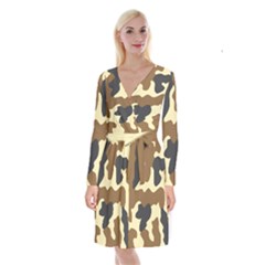 Initial Camouflage Camo Netting Brown Black Long Sleeve Velvet Front Wrap Dress