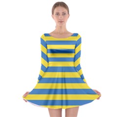 Horizontal Blue Yellow Line Long Sleeve Skater Dress