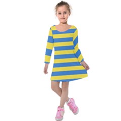 Horizontal Blue Yellow Line Kids  Long Sleeve Velvet Dress by Mariart