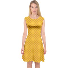 Polka Dot Orange Yellow Capsleeve Midi Dress