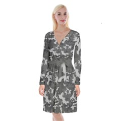 Initial Camouflage Grey Long Sleeve Velvet Front Wrap Dress by Mariart