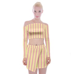 Pink Yellow Stripes Line Off Shoulder Top With Skirt Set by Mariart