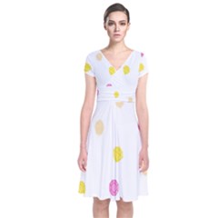 Stone Diamond Yellow Pink Brown Short Sleeve Front Wrap Dress by Mariart