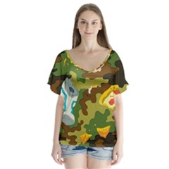 Urban Camo Green Brown Grey Pizza Strom Flutter Sleeve Top by Mariart