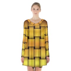 Rough Gold Weaving Pattern Long Sleeve Velvet V-neck Dress by Simbadda