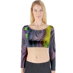 Fractal In Purple Gold And Green Long Sleeve Crop Top by Simbadda