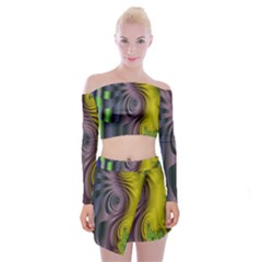 Fractal In Purple Gold And Green Off Shoulder Top With Skirt Set by Simbadda