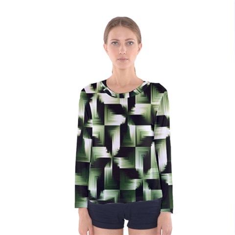 Green Black And White Abstract Background Of Squares Women s Long Sleeve Tee by Simbadda