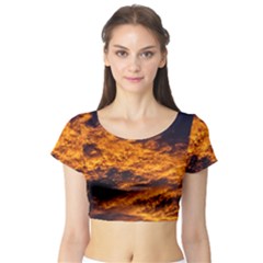 Abstract Orange Black Sunset Clouds Short Sleeve Crop Top (Tight Fit)