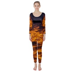 Abstract Orange Black Sunset Clouds Long Sleeve Catsuit