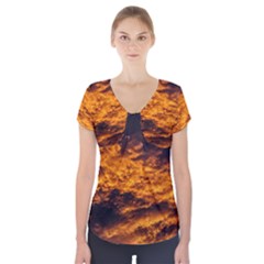 Abstract Orange Black Sunset Clouds Short Sleeve Front Detail Top