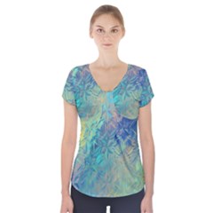 Colorful Patterned Glass Texture Background Short Sleeve Front Detail Top by Simbadda