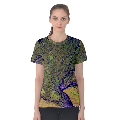 Lena River Delta A Photo Of A Colorful River Delta Taken From A Satellite Women s Cotton Tee by Simbadda