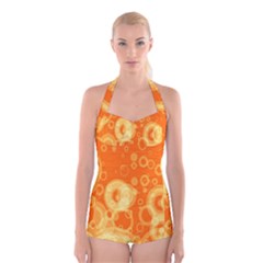 Retro Orange Circle Background Abstract Boyleg Halter Swimsuit  by Nexatart