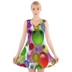 Colored Bubbles Squares Background V-neck Sleeveless Skater Dress by Nexatart