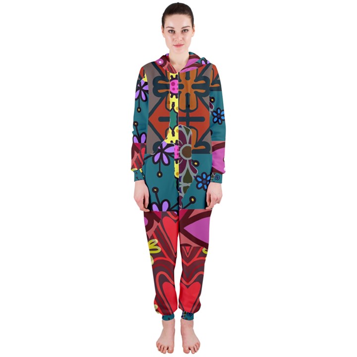 Digitally Created Abstract Patchwork Collage Pattern Hooded Jumpsuit (Ladies) 