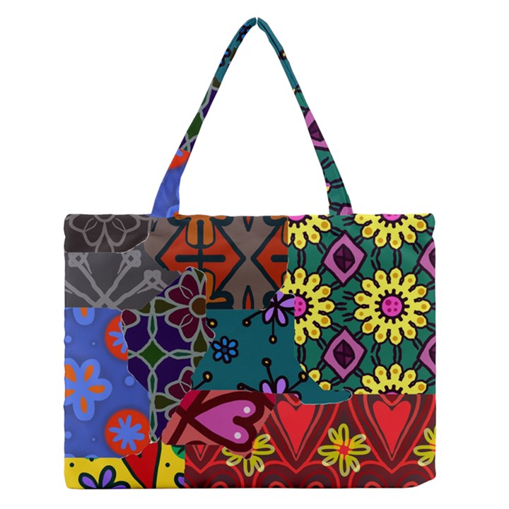 Digitally Created Abstract Patchwork Collage Pattern Medium Zipper Tote Bag