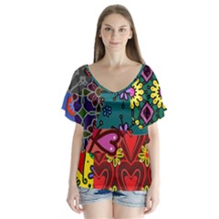 Digitally Created Abstract Patchwork Collage Pattern Flutter Sleeve Top