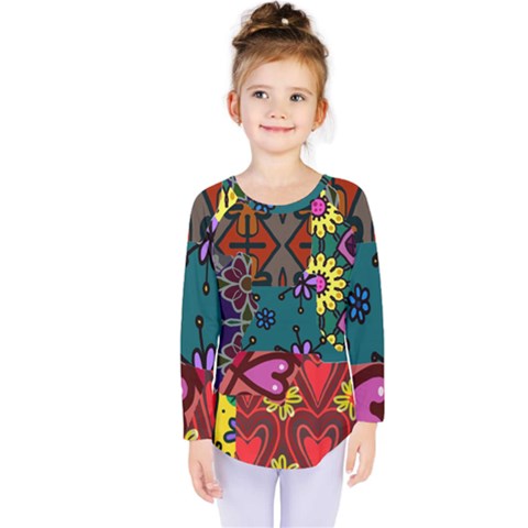 Digitally Created Abstract Patchwork Collage Pattern Kids  Long Sleeve Tee by Nexatart