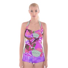 Abstract Design With Hummingbirds Boyleg Halter Swimsuit 