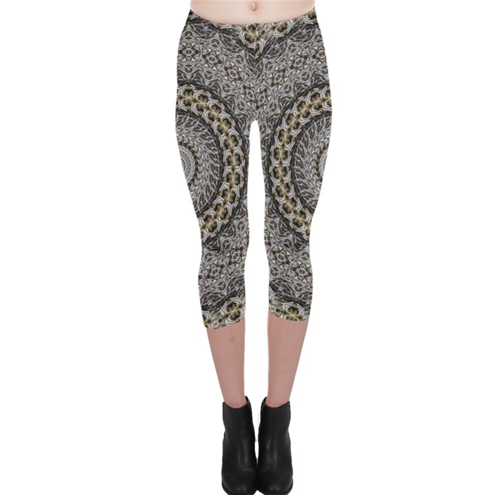 Celestial Pinwheel Of Pattern Texture And Abstract Shapes N Brown Capri Leggings 