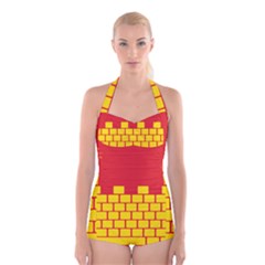 Firewall Bridge Signal Yellow Red Boyleg Halter Swimsuit  by Mariart